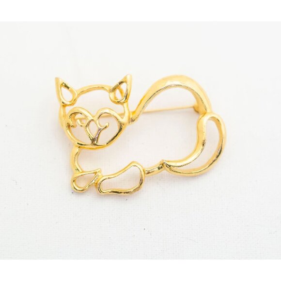 Adorable Vintage Minimalist Cat Brooch in Gold Tone - A3 - Picture 1 of 2